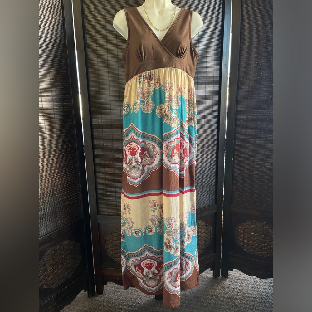 Charlotte Russe Boho Paisley Maxi Dress Brown Turquoise Womens Size L